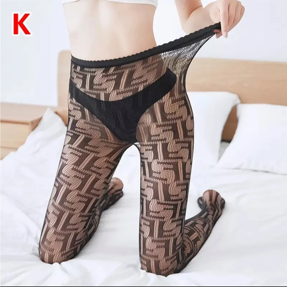 FF Monogram Logo Nylon Diamond Fishnet Pantyhose Black Tights